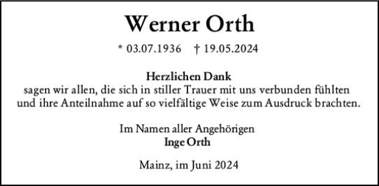 Traueranzeige von Werner Orth von Allgemeine Zeitung Mainz