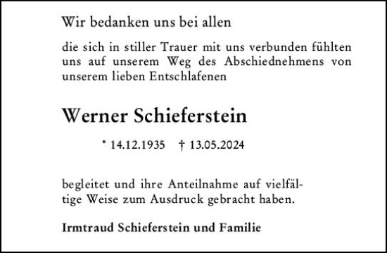 Traueranzeige von Werner Schieferstein von Wetzlarer Neue Zeitung