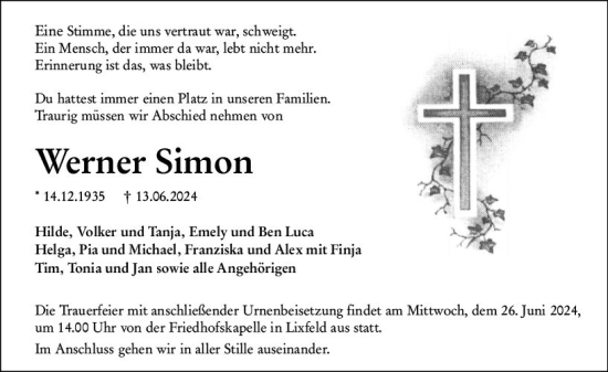 Traueranzeige von Werner Simon von Hinterländer Anzeiger