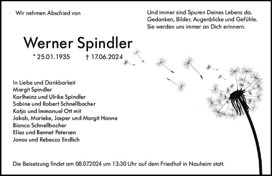 Traueranzeige von Werner Spindler von Rüsselsheimer Echo