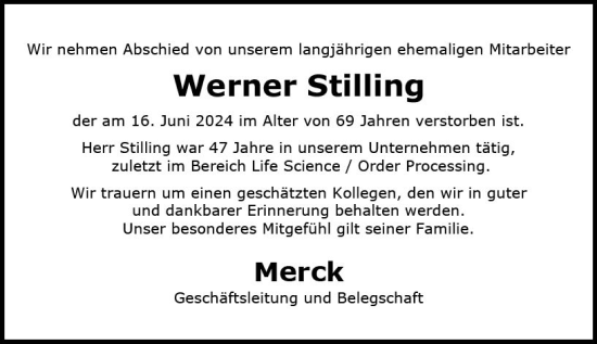 Traueranzeige von Werner Stilling von Darmstädter Echo