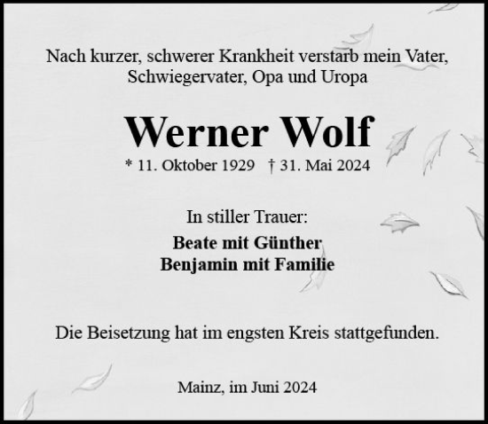 Traueranzeige von Werner Wolf von Allgemeine Zeitung Mainz
