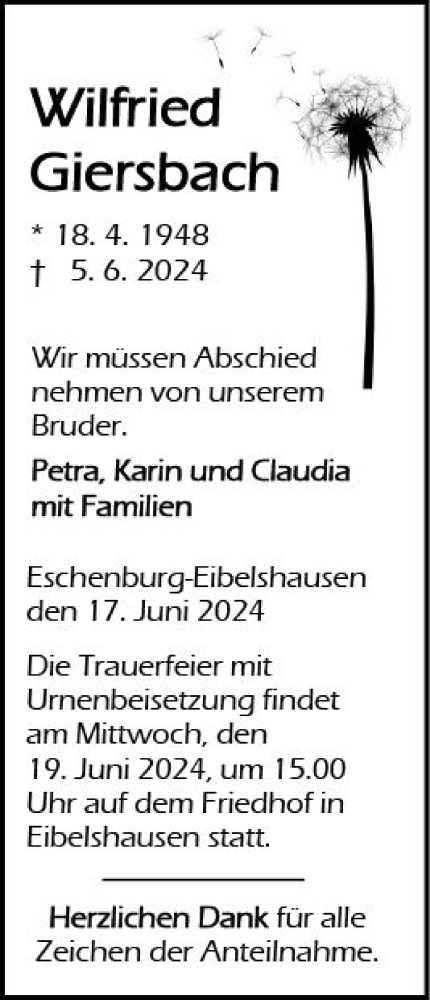 Traueranzeige von Wilfried Giersbach von Dill Block