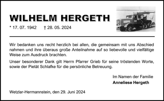 Traueranzeige von Wilhelm Hergeth von Wetzlarer Neue Zeitung