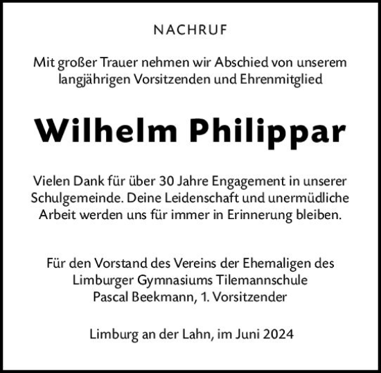 Traueranzeige von Wilhelm Philippar von Nassauische Neue Presse