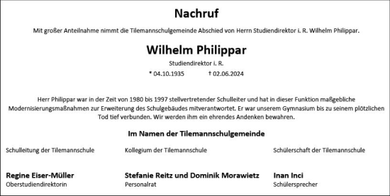 Traueranzeige von Wilhelm Philippar von Nassauische Neue Presse