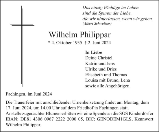 Traueranzeige von Wilhelm Philippar von Nassauische Neue Presse