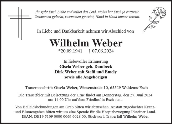 Traueranzeige von Wilhelm Weber von Camberger Anzeiger
