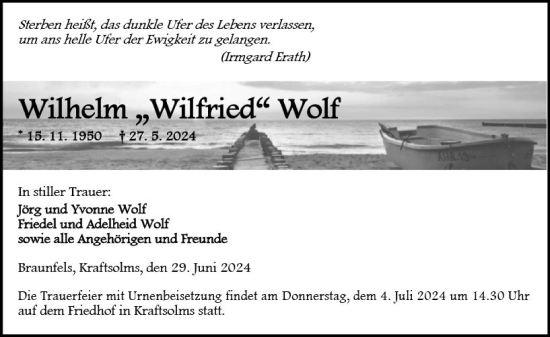 Traueranzeige von Wilhelm Wolf von Wetzlarer Neue Zeitung