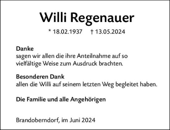 Traueranzeige von Willi Regenauer von Wetzlarer Neue Zeitung