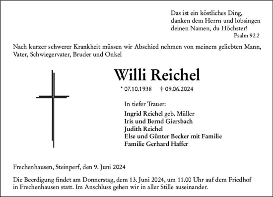 Traueranzeige von Willi Reichel von Hinterländer Anzeiger