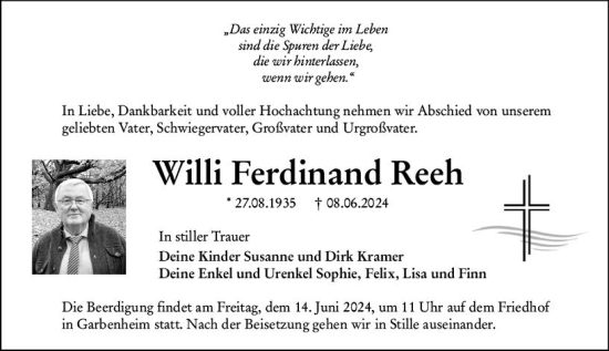 Traueranzeige von Willi Ferdinand Reeh von Wetzlarer Neue Zeitung