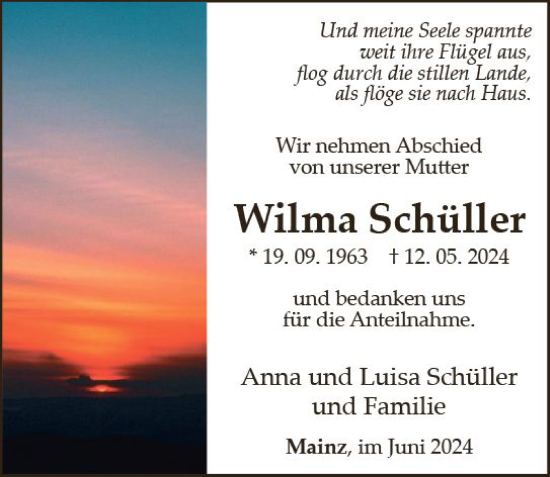 Traueranzeige von Wilma Schüller von Allgemeine Zeitung Alzey