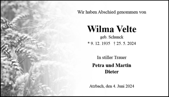 Traueranzeige von Wilma Velte von Wetzlarer Neue Zeitung