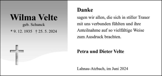 Traueranzeige von Wilma Velte von Wetzlarer Neue Zeitung
