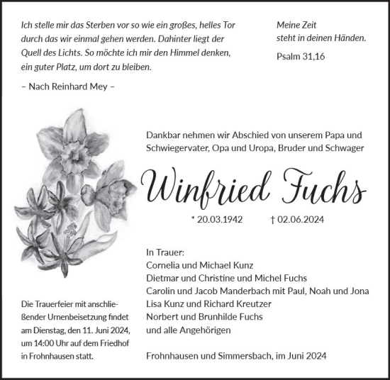 Traueranzeige von Winfried Fuchs von Dill Block