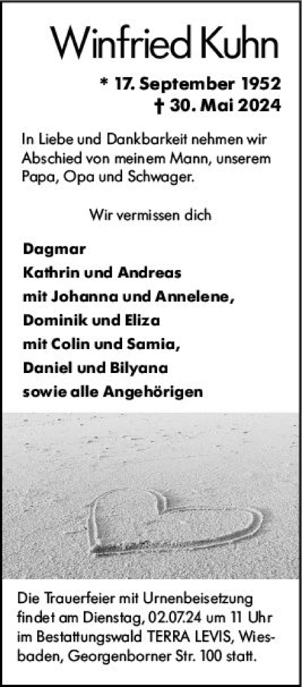 Traueranzeige von Winfried Kuhn von Wiesbadener Kurier