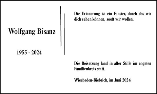 Traueranzeige von Wolfgang Bisanz von Wiesbadener Kurier