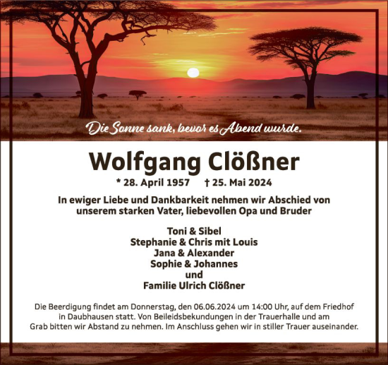 Traueranzeige von Wolfgang Clößner von Dill Block