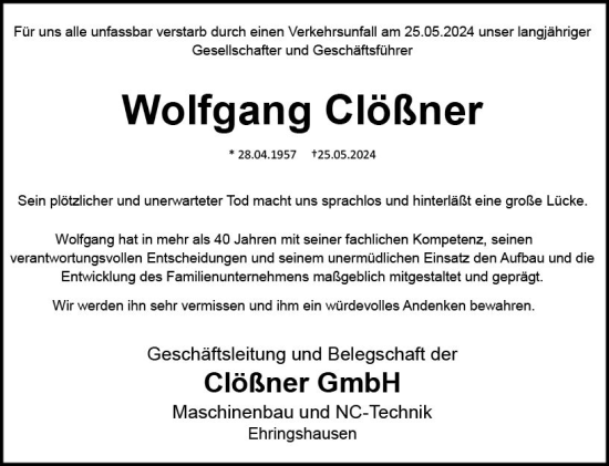 Traueranzeige von Wolfgang Clößner von Dill Block