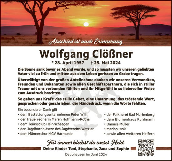 Traueranzeige von Wolfgang Clößner von Dill Block