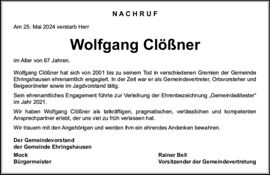 Traueranzeige von Wolfgang Clößner von Wetzlarer Neue Zeitung