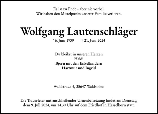 Traueranzeige von Wolfgang Lautenschläger von Wetzlarer Neue Zeitung