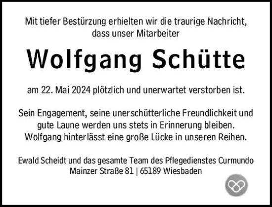 Traueranzeige von Wolfgang Schütte von Wiesbadener Kurier