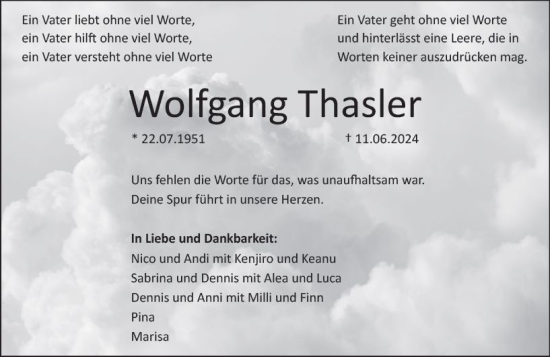 Traueranzeige von Wolfgang Thasler von Wetzlarer Neue Zeitung