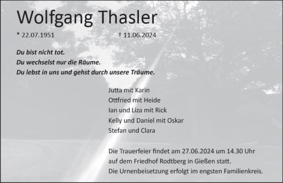 Traueranzeige von Wolfgang Thasler von Wetzlarer Neue Zeitung