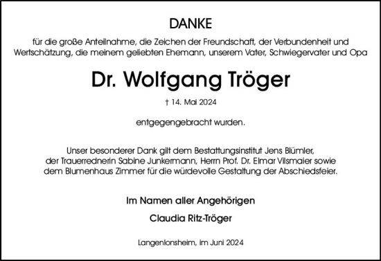 Traueranzeige von Wolfgang Tröger von Allgemeine Zeitung Bad Kreuznach