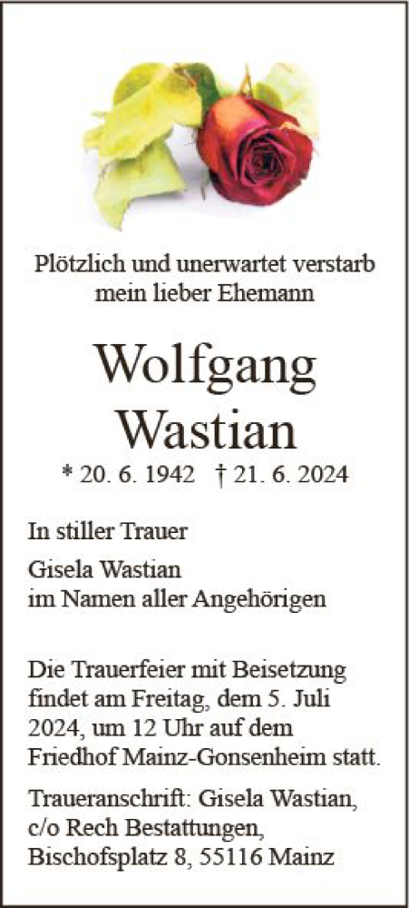 Traueranzeige von Wolfgang Wastian von Allgemeine Zeitung Mainz