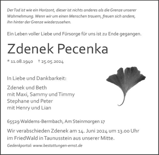 Traueranzeige von Zdenek Pecenka von Camberger Anzeiger