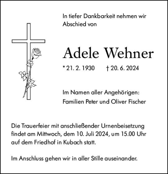 Traueranzeige von Adele Wehner von Weilburger Tageblatt