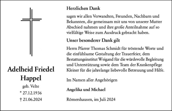 Traueranzeige von Adelheid  Happel von Hinterländer Anzeiger