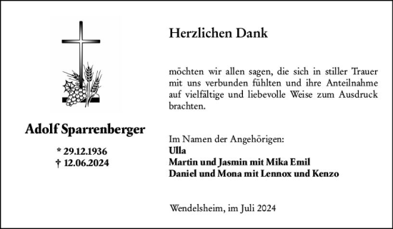 Traueranzeige von Adolf Sparrenberger von Allgemeine Zeitung Alzey