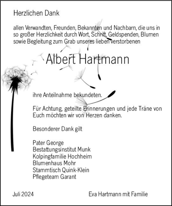 Traueranzeige von Albert Hartmann von Hochheimer Zeitung