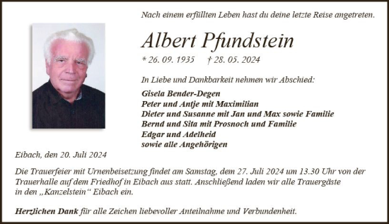 Traueranzeige von Albert Pfundstein von Dill Block