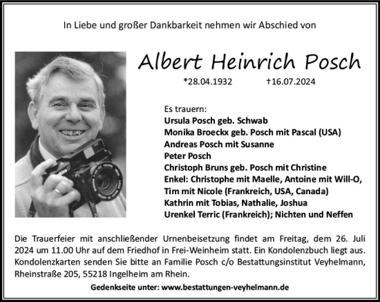 Traueranzeige von Albert Heinrich Posch von Allgemeine Zeitung Rheinhessen-Nahe