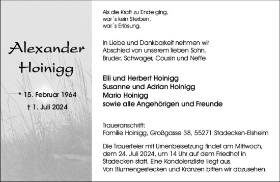 Traueranzeige von Alexander Hoinigg von Allgemeine Zeitung Mainz
