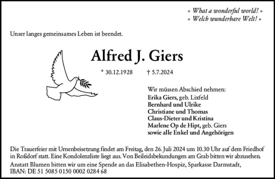 Traueranzeige von Alfred  Giers von Darmstädter Echo