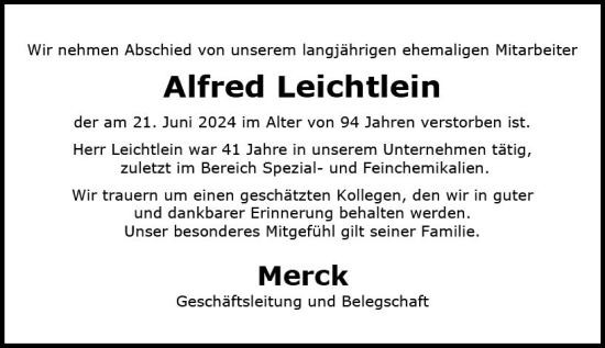 Traueranzeige von Alfred Leichtlein von Darmstädter Echo