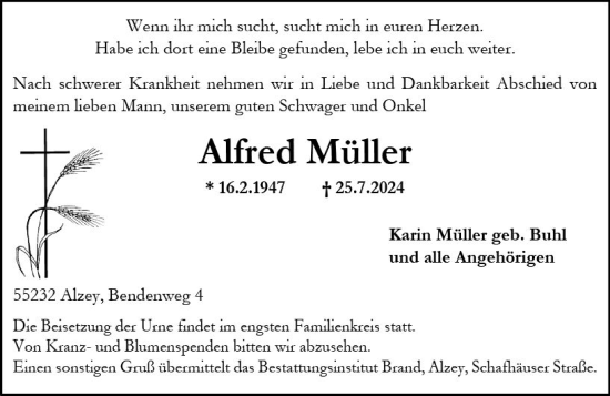 Traueranzeige von Alfred Müller von Allgemeine Zeitung Alzey
