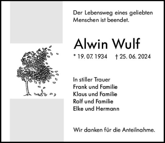 Traueranzeige von Alwin Wulf von Wormser Zeitung