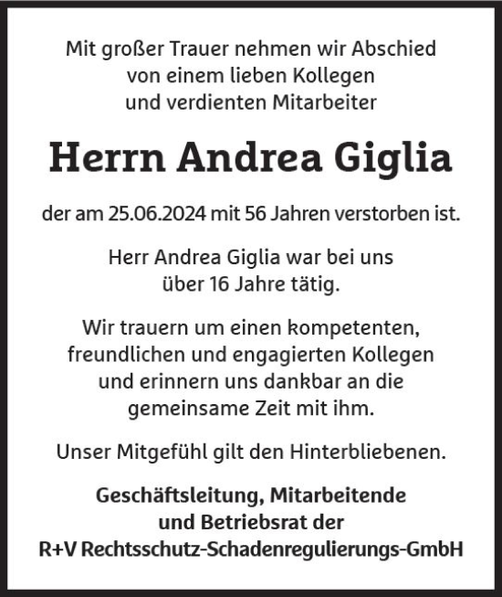 Traueranzeige von Andrea Giglia von Wiesbadener Kurier