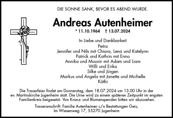 Traueranzeige von Andreas Autenheimer von Allgemeine Zeitung Rheinhessen-Nahe
