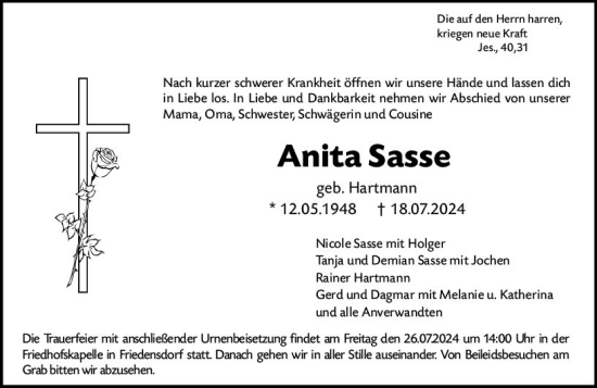 Traueranzeige von Anita Sasse von Hinterländer Anzeiger