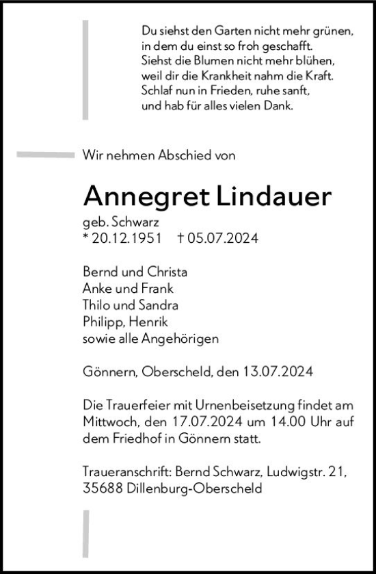 Traueranzeige von Annegret Lindauer von Hinterländer Anzeiger