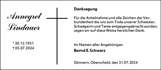 Traueranzeige von Annegret Lindauer von Hinterländer Anzeiger