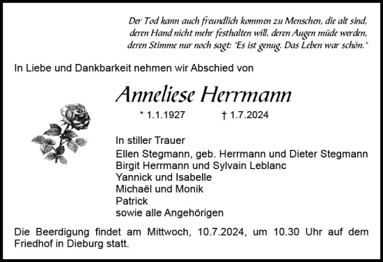 Traueranzeige von Anneliese Herrmann von Dieburger Anzeiger/Groß-Zimmerner Lokal-Anzeiger